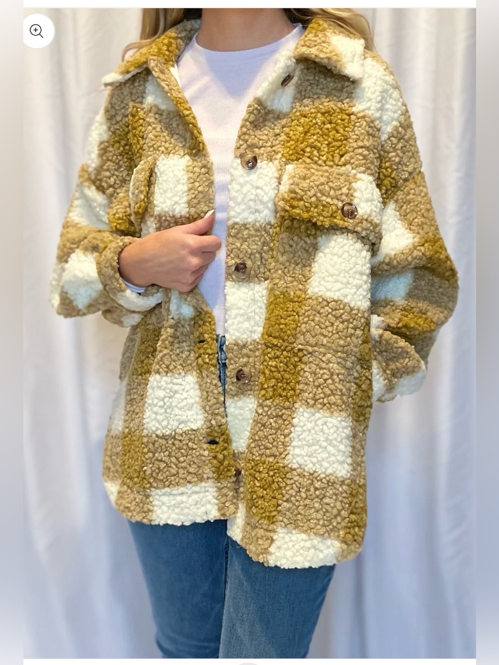 Shop Stevie Plaid Teddy Shacket in white & Tan size: S